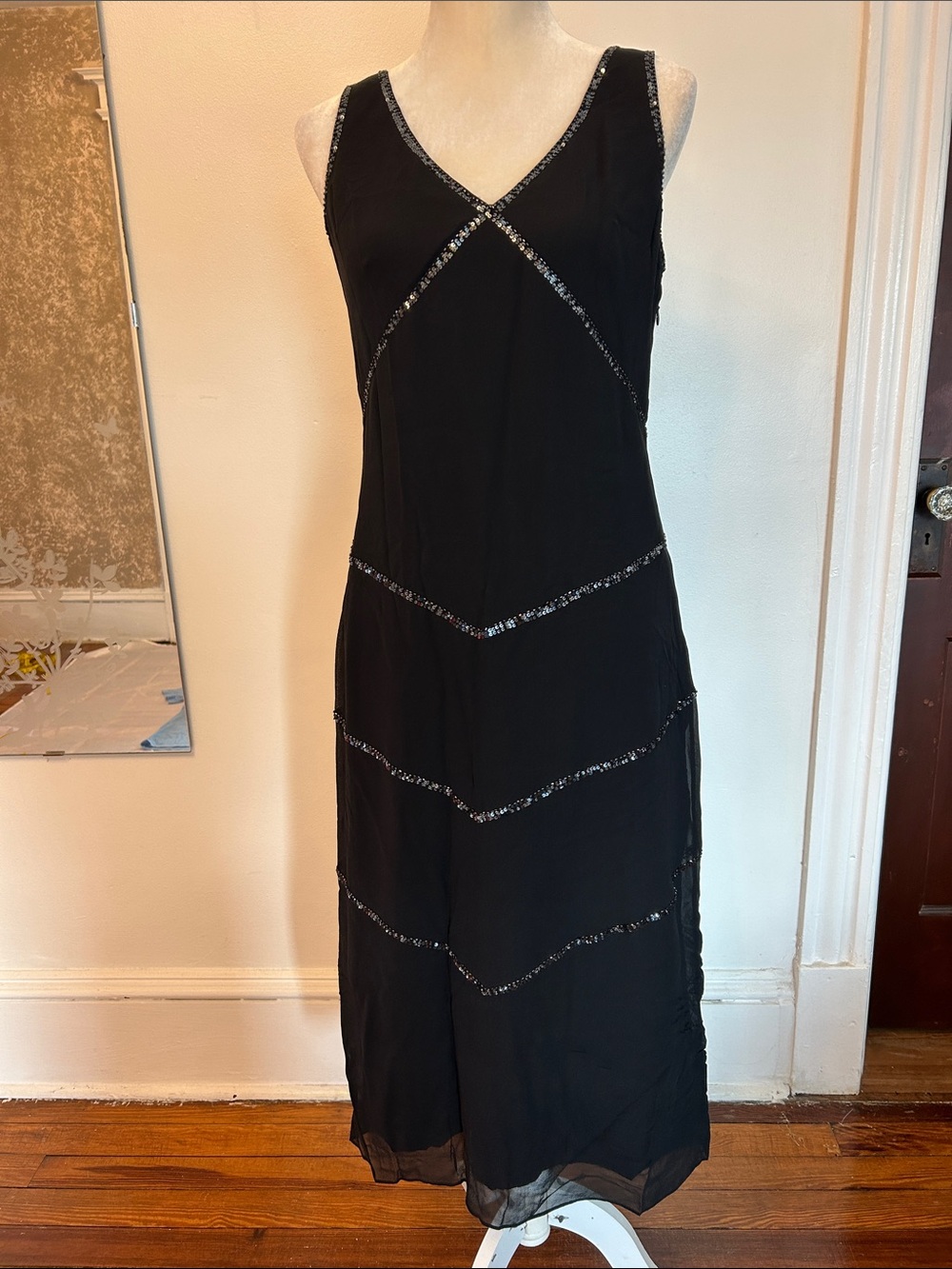 Vintage LK Bennett 100% silk Black Sleeveless V-Neck Sequin-Trim Dress